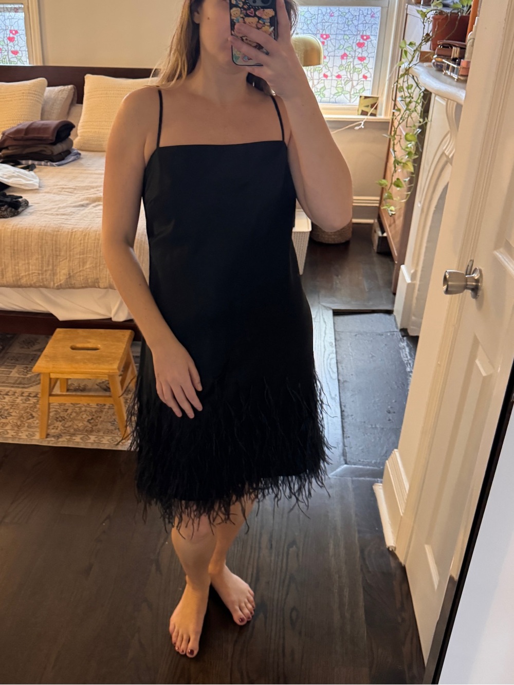 Polo Ralph Lauren Black Feather-Trim Slip Dress